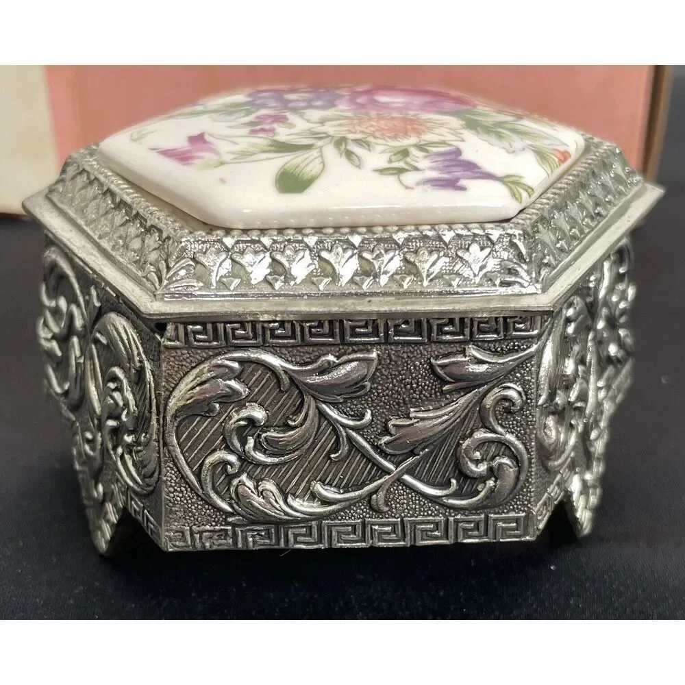 Vintage Japan Jewelry Trinket Box Silver Plated Painted Floral Hinged Top Lined - Picture 7 of 15